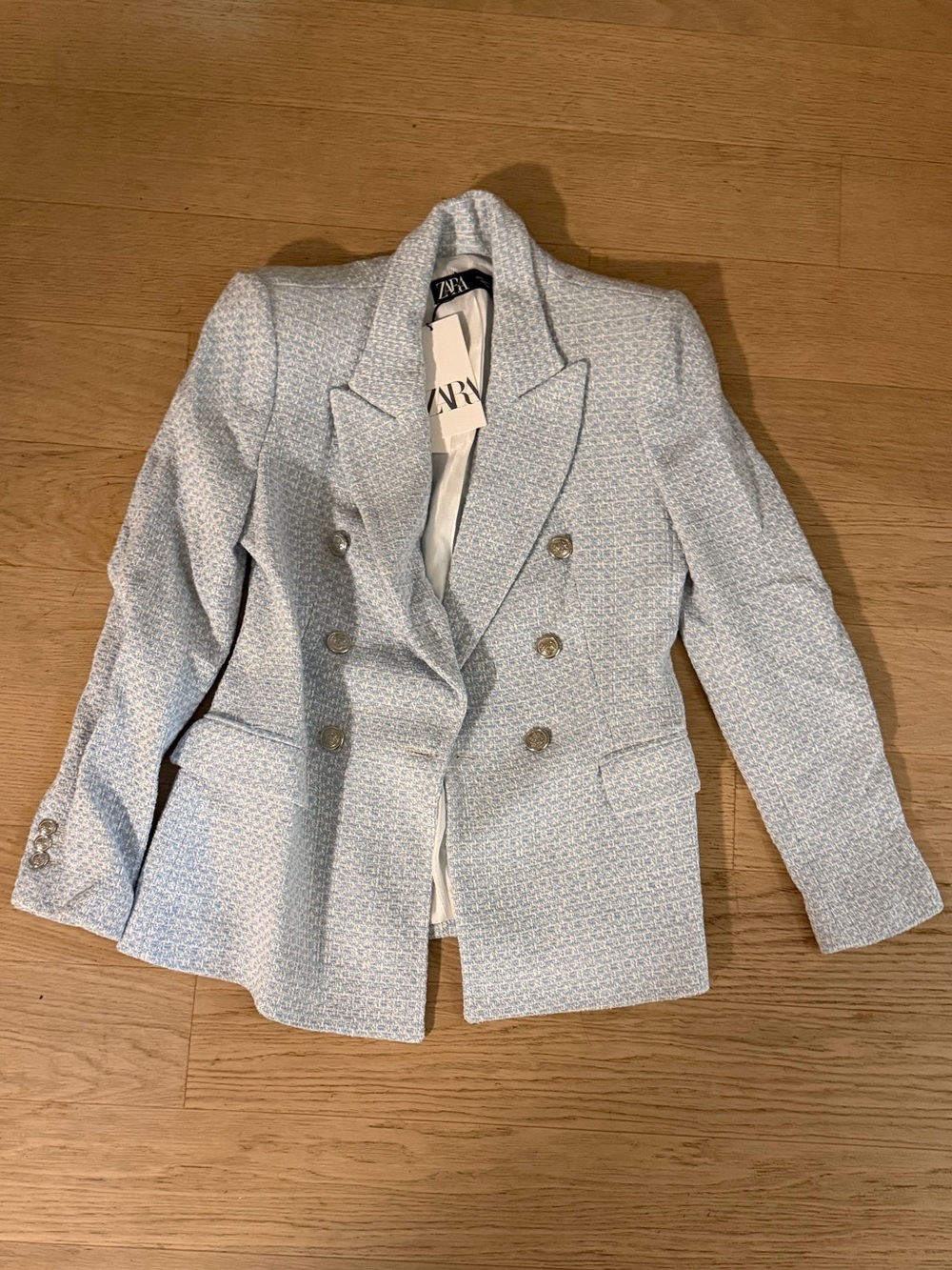 Zara Pale Blue Textured Double-Breasted Blazer